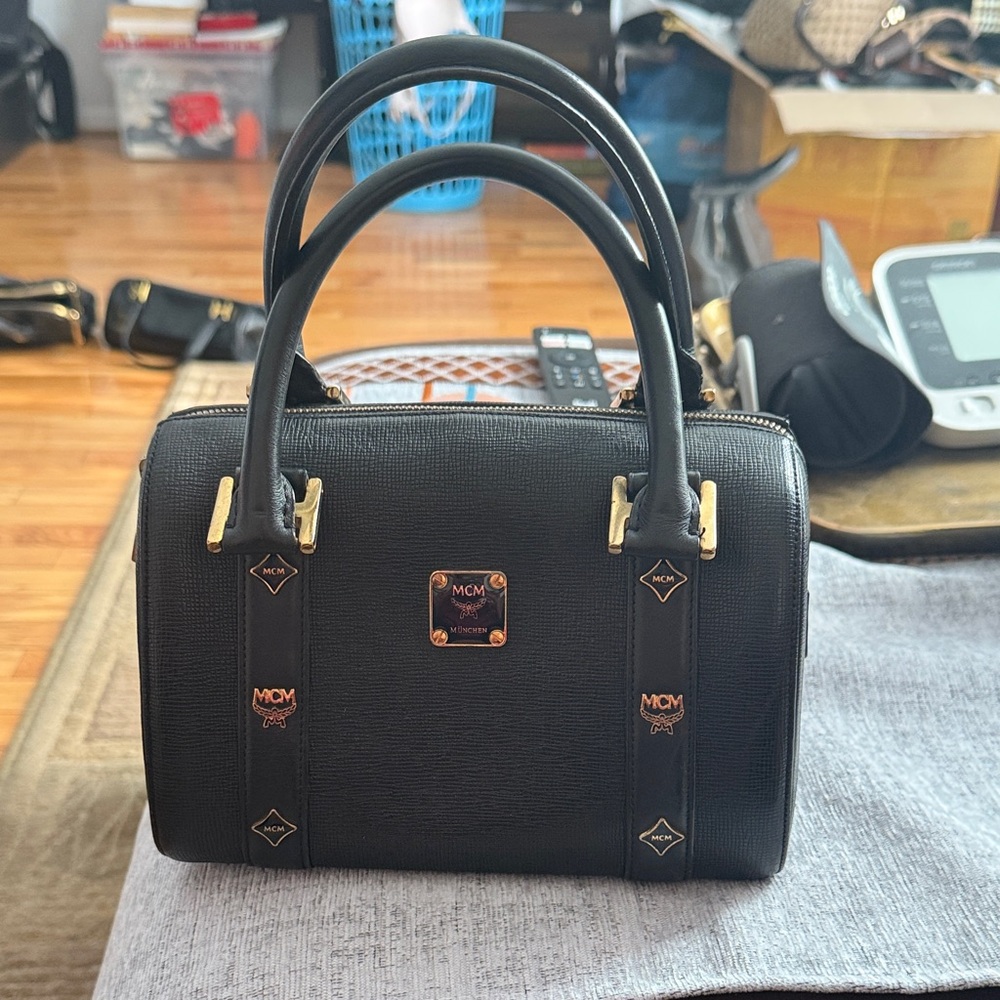Authentic MCM Black Satchel with Gold Accents